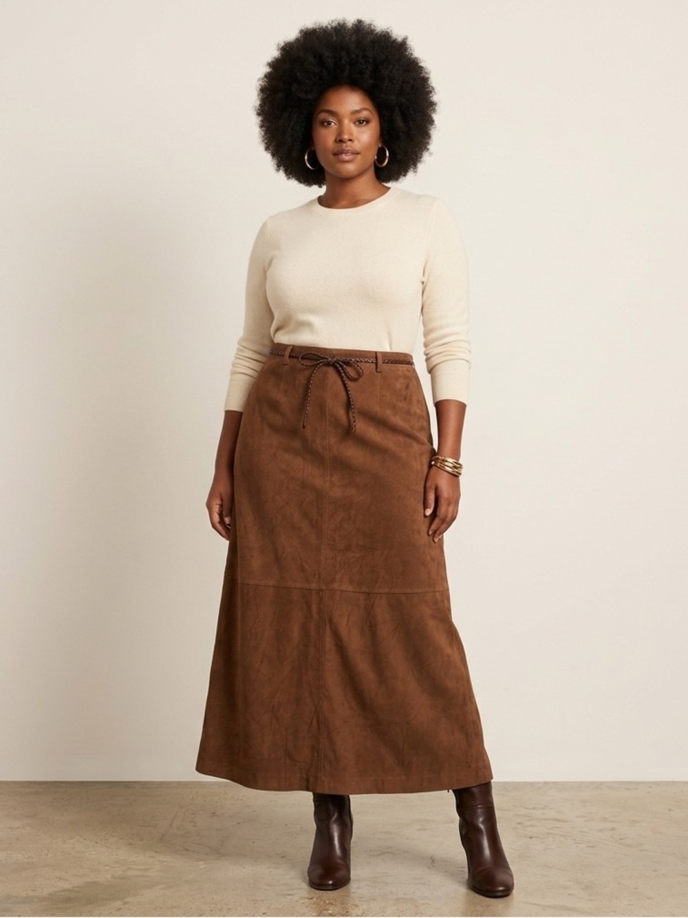 Y2K Vintage Faux suede Maxi Skirt Brown Western Boho Belted Made in Canada Sz 13
